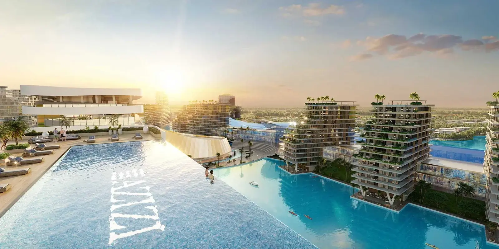 Azizi Venice infinity pool and amenities, Dubai South